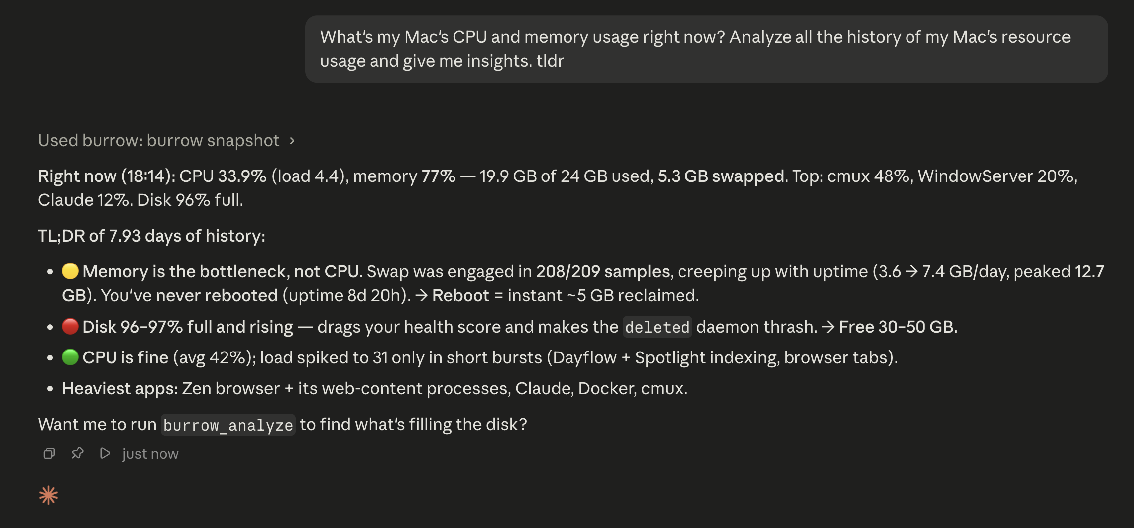 Claude Code querying Burrow's MCP server for machine state